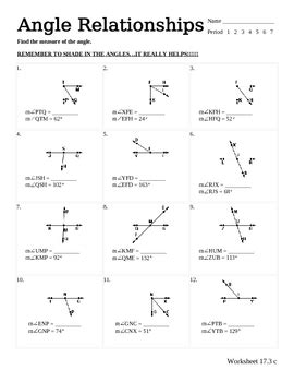 Name two pairs of vertical. . Angle relationships worksheet 7th grade pdf